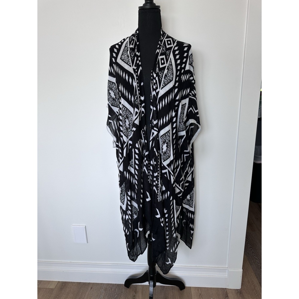 Tahari Womens One Size Fits Most Black White Geometric Pattern Cover Up Kimono